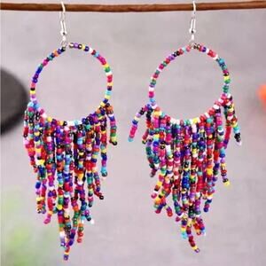 New Colorful Long Beaded Dangle Tassel Hook Earrings Multi Colors A0104